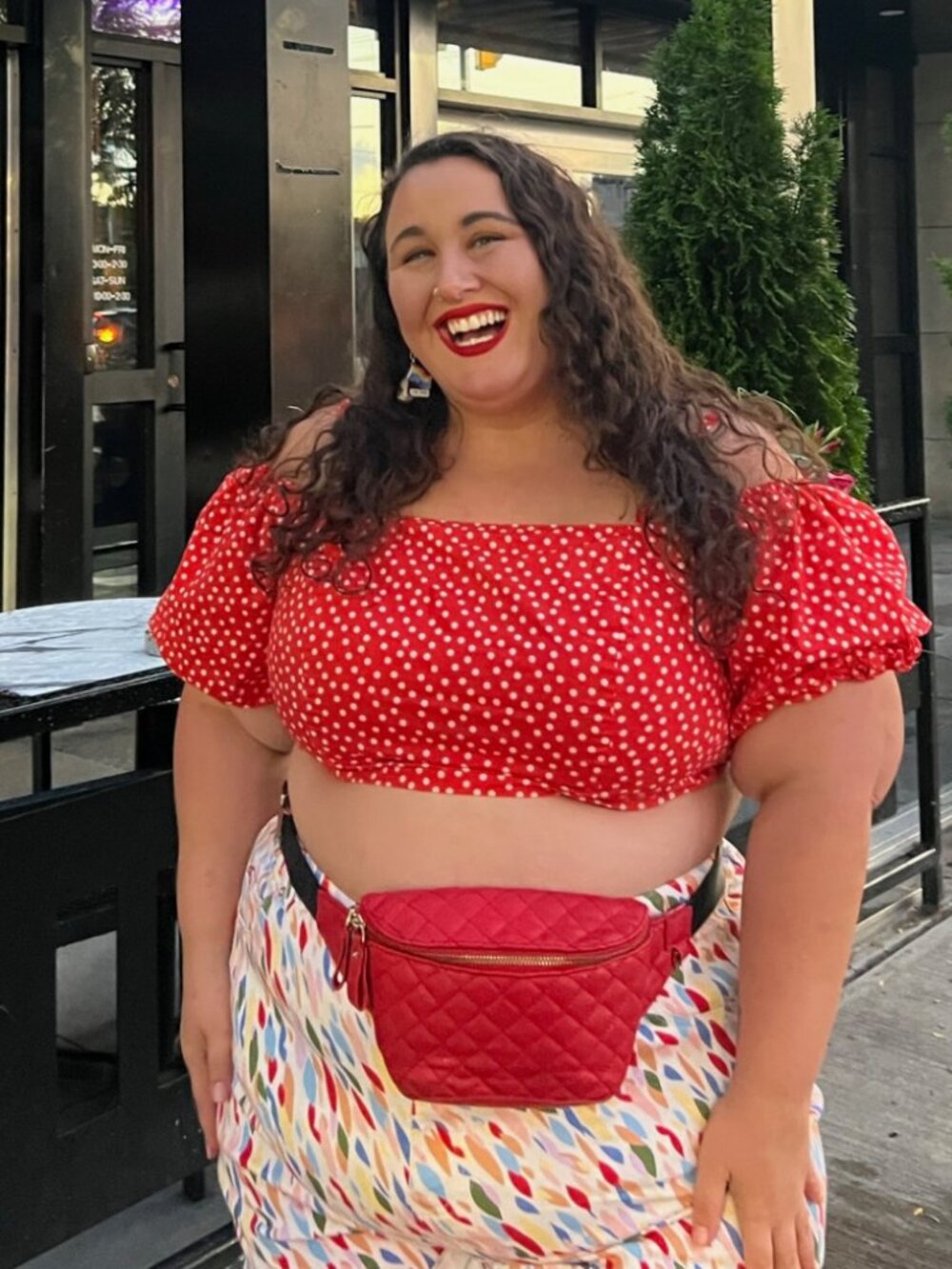 Eloqui Blood Orange and White Polka Dot Off-the-Shoulder Puff Sleeve Crop Top